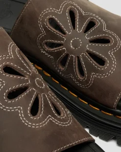 Zebzag Flower Crazy Horse Leather Slides in Dark Brown