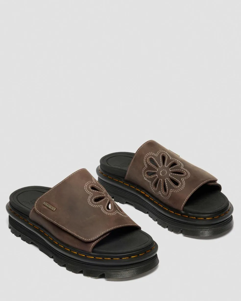 Zebzag Flower Crazy Horse Leather Slides in Dark Brown