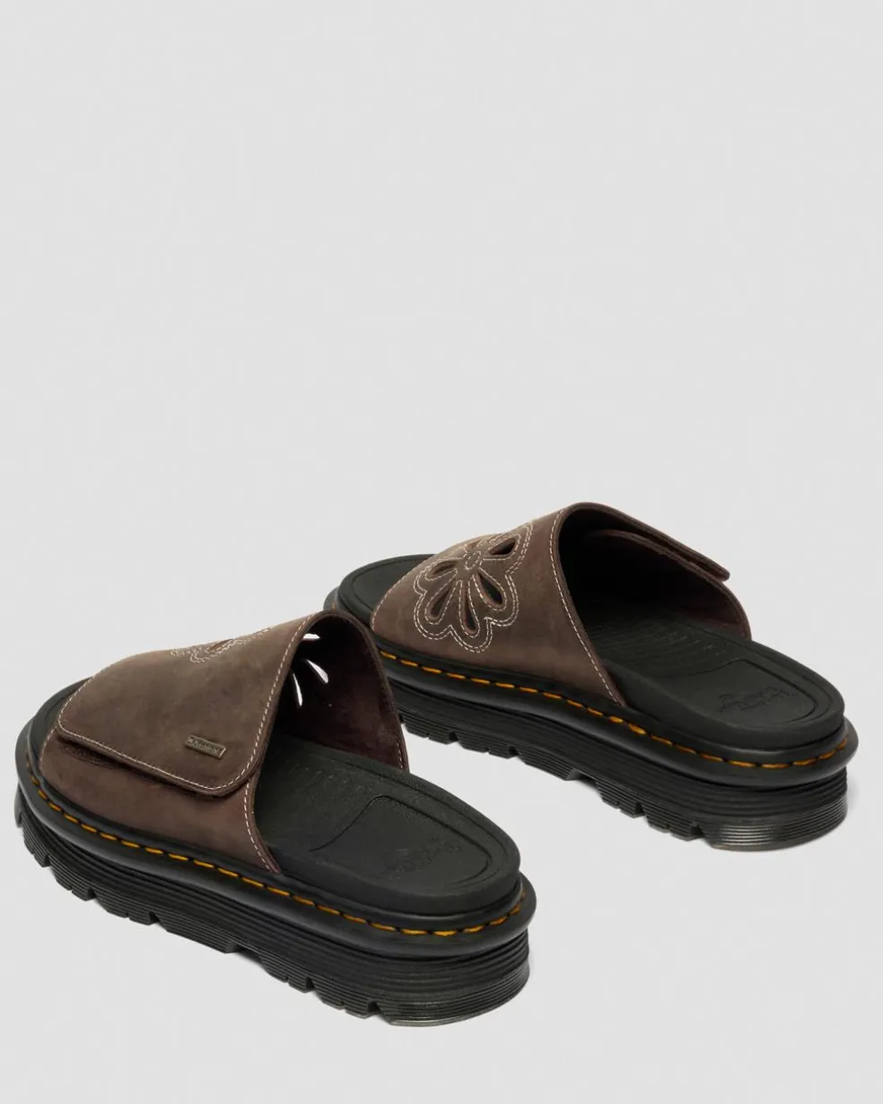 Zebzag Flower Crazy Horse Leather Slides in Dark Brown